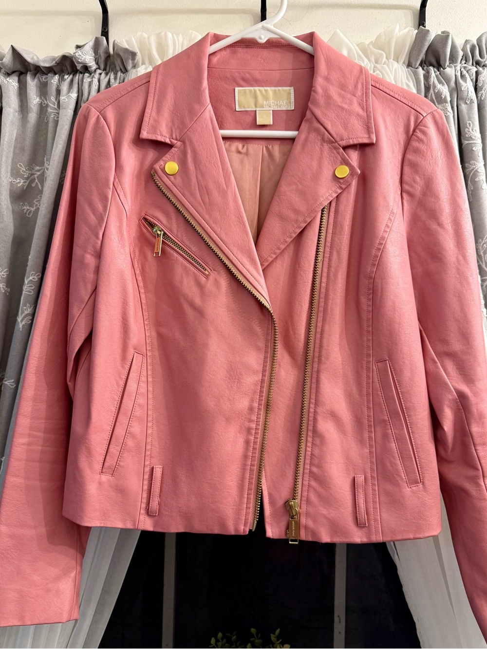 Michael Kors Rose Pink Faux Leather Moto Jacket with Gold Hardware